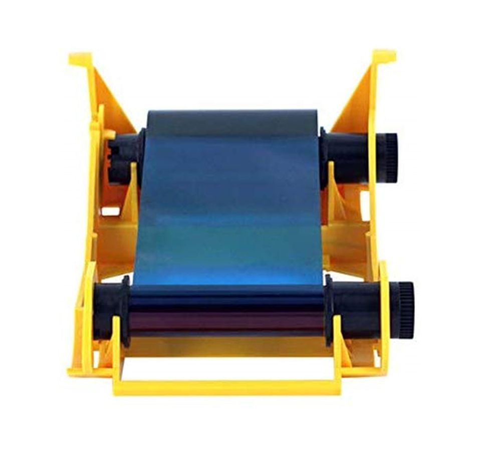 Roll of blue ribbon in a yellow holder on a white background - Zebra ZXP Series 1 Load-N-Go YMCKO Color Ribbon 800011-140 | Card Printer Ribbon UAE