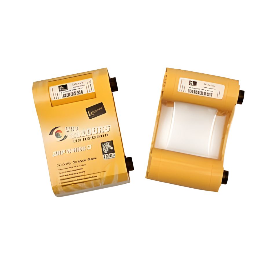 Two yellow ink rollers with labels on a white background - Zebra ZXP Series 3 YMCKOK Ribbon – 230 Dual-Sided Prints | Part# 800033-348SC | Buy in UAE from POSMEA