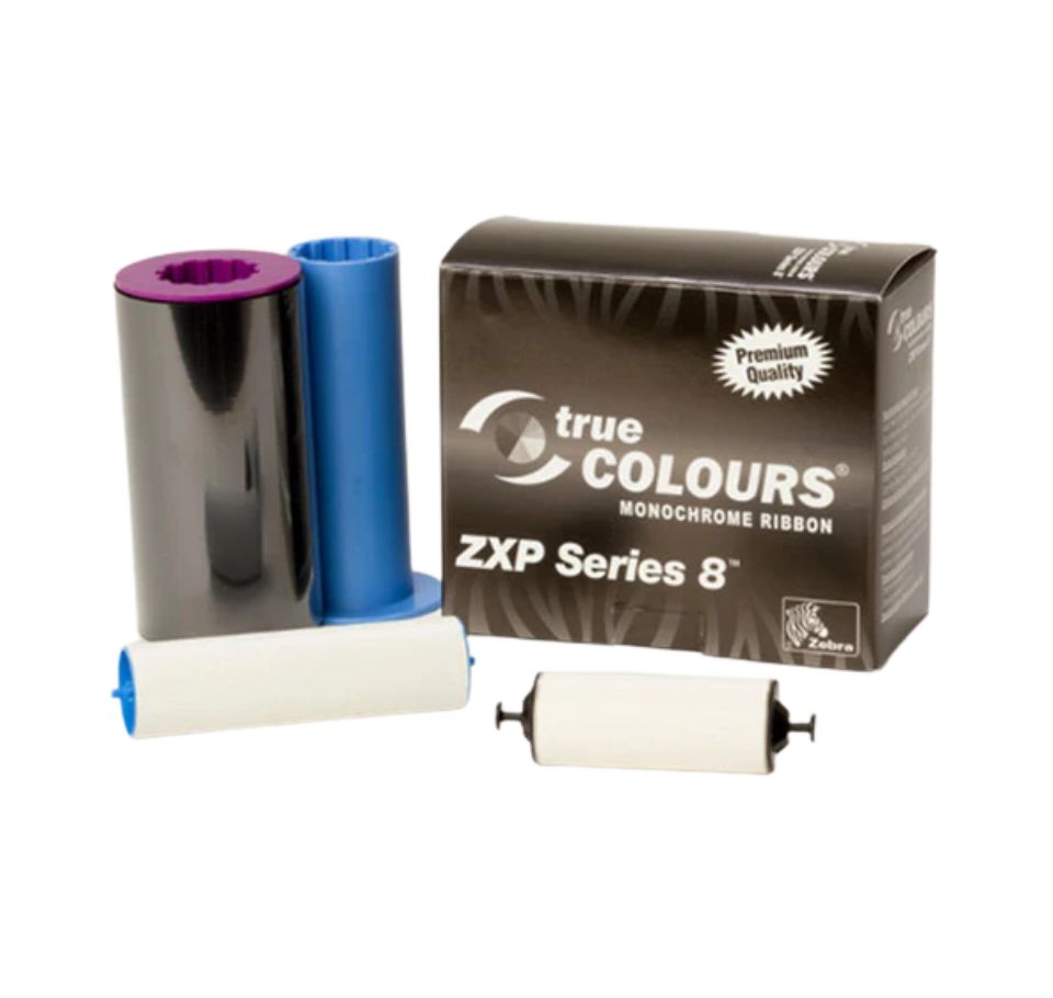 True Colours ZXP Series 8 monochrome ribbon packaging with three ribbons on a white background - Zebra ZXP Series 8 Black Monochrome Ribbon | 2500 Prints Card Printer Ribbon UAE – Compatible with ZXP Series 8 & 9