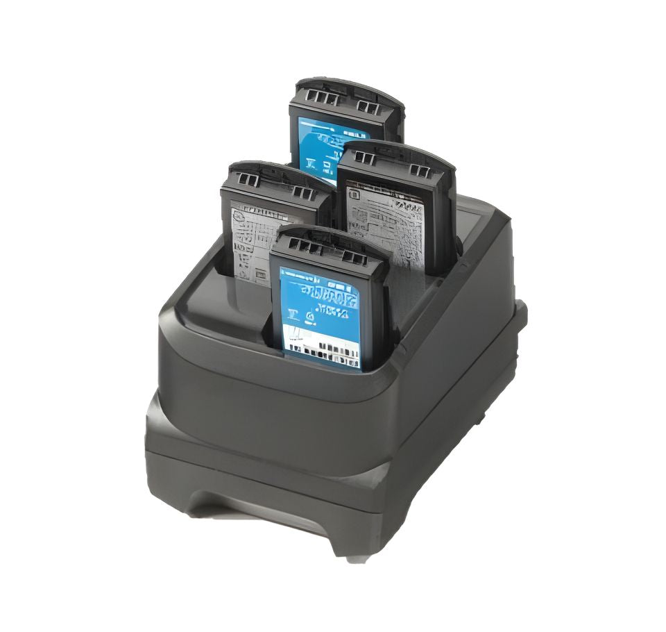 Black battery charger with four batteries on a white background - Zebra MC3200 / MC3300 4-Slot Battery Charging Station – Part# SAC-MC33-4SCHG-01 | Buy in UAE