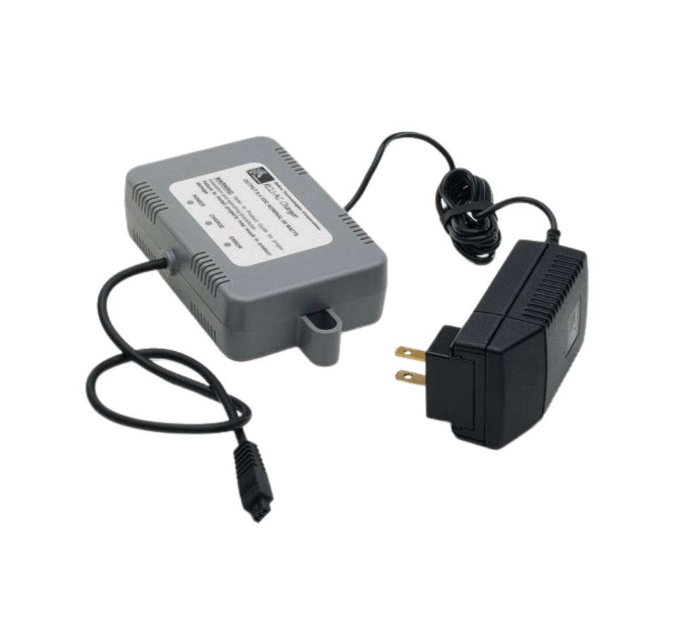 Gray power supply unit with a black plug on a white background -Zebra QLn Mobile AC Adapter Kit (EU/Chile Type-C Plug) | QLn Printer Power Adapter in UAE
