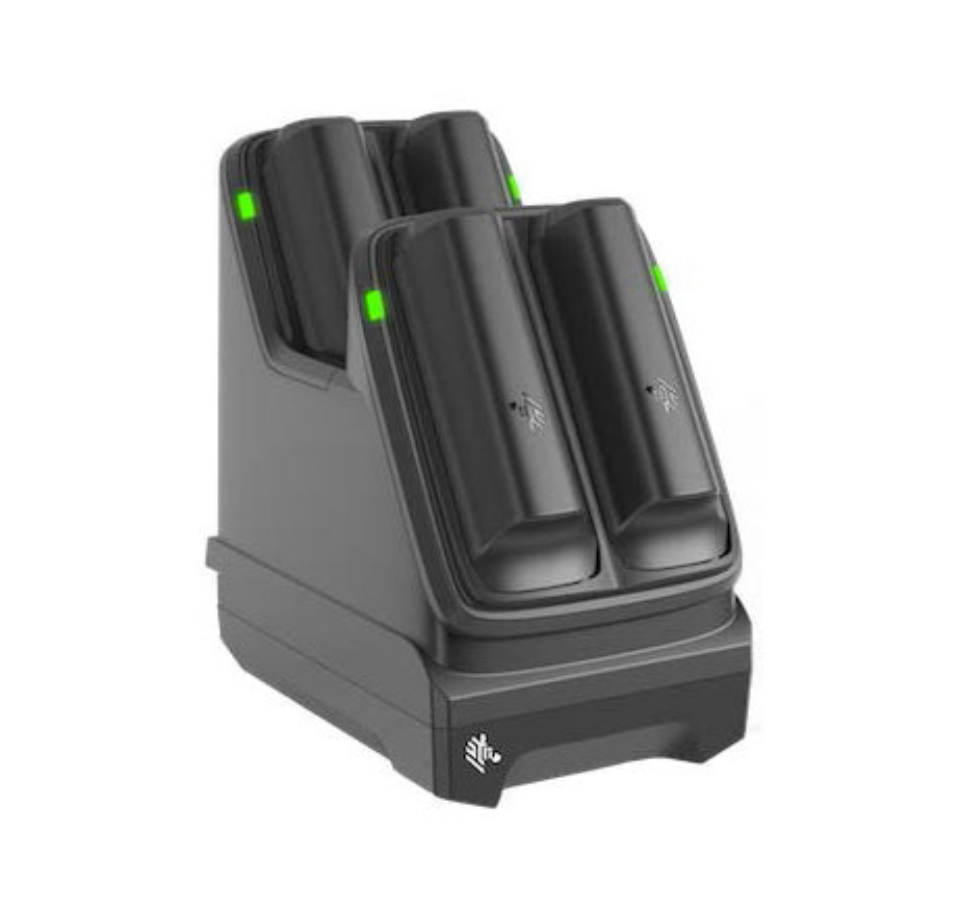 Black electronic device with green lights on a white background - Zebra SAC-MC2X-4SCHG-01 4-Slot Battery Charging Station for MC2200 & MC2700 in UAE

