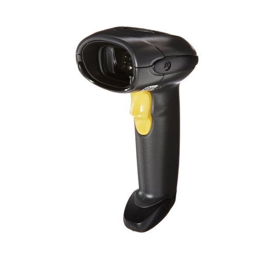 Black and yellow barcode scanner on a white background -Zebra Symbol LS4208 Wireless 1D Barcode Scanner 