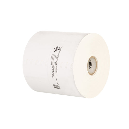 Roll of white thermal paper with 'Zebra' branding on a white  background -Zebra Z-Perform 1000D Direct Thermal Receipt Paper 75.4mm x 20.3m – 30 Rolls/Box, 19mm Core | UAE