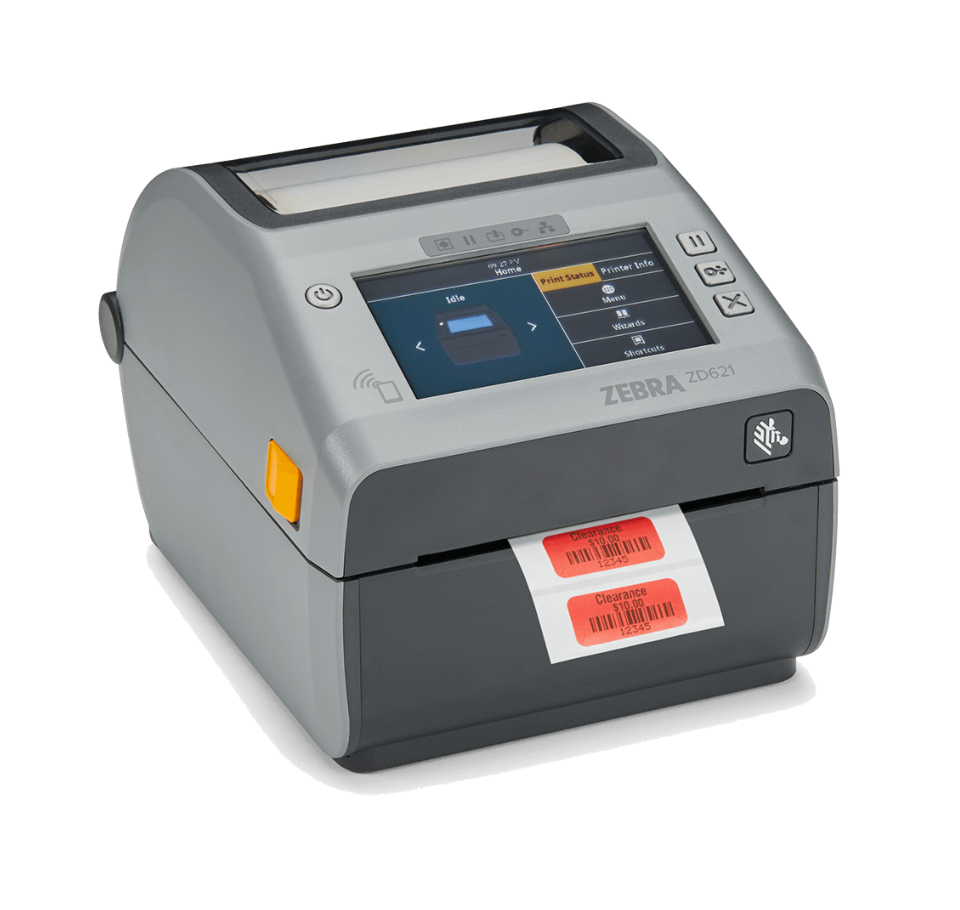 Zebra label printer with a display and labels on a white background - Zebra ZD621T Thermal Transfer Label Printer | Industrial Barcode Printer UAE 