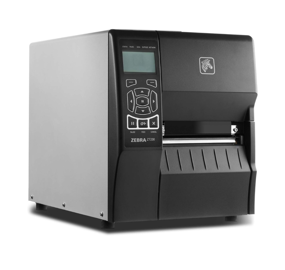 Zebra ZT230 label printer on a white background - Zebra ZT230 Industrial Label Printer – Compact Thermal Transfer Barcode Printer UAE