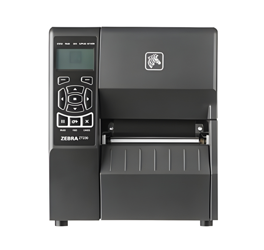 Zebra ZT230 label printer on a white background - Zebra ZT230 ZT23043-T0E200FZ Barcode Label Printer in UAE | Industrial Label Printer – POSMEA