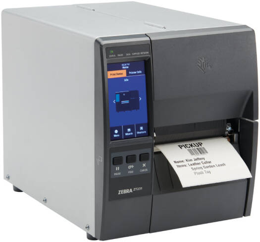 Zebra label printer with a label being printed on a white background - right side view - Zebra ZT231 Barcode Label Printer | Industrial Thermal Printer UAE