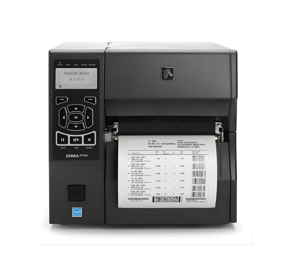 Zebra label printer with a label on a white background - Zebra ZT420 Industrial Label Printer – 6-Inch Heavy-Duty Barcode Printer UAE 