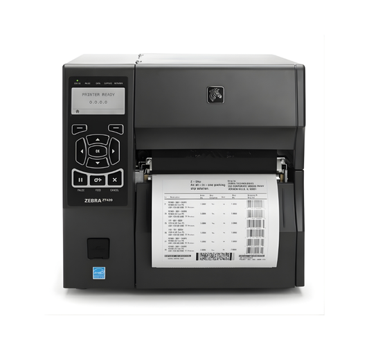 Zebra label printer with a label on a white background - Zebra ZT420 Industrial Label Printer – 6-Inch Heavy-Duty Barcode Printer UAE 