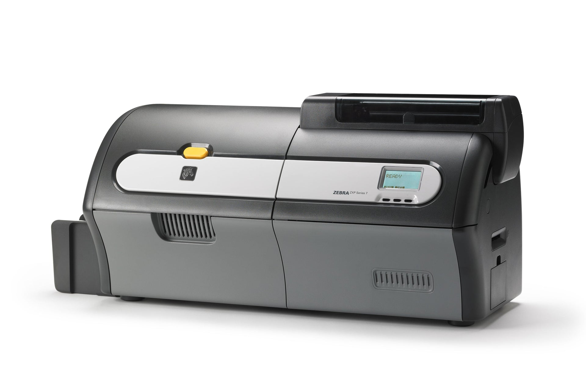 Gray card printer on a white background -Zebra ZXP7 Z72-000C0000EM00 Dual Side ID Card Printer (300 Dpi, Ethernet, USB, ZXP 7)