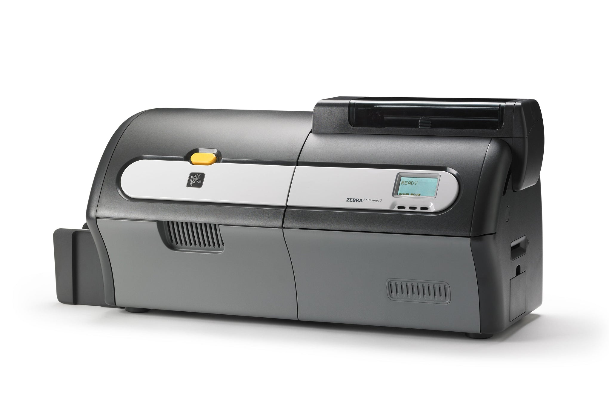 Gray card printer on a white background -Zebra ZXP7 Z72-000C0000EM00 Dual Side ID Card Printer (300 Dpi, Ethernet, USB, ZXP 7)