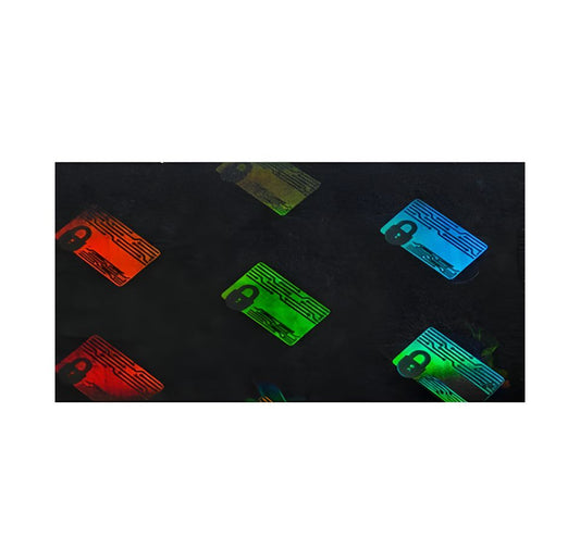 Glowing colorful labels on a black background - Zebra ZXP8 Top Hologram Laminate 800082-010 | Secure ID Card Film UAE