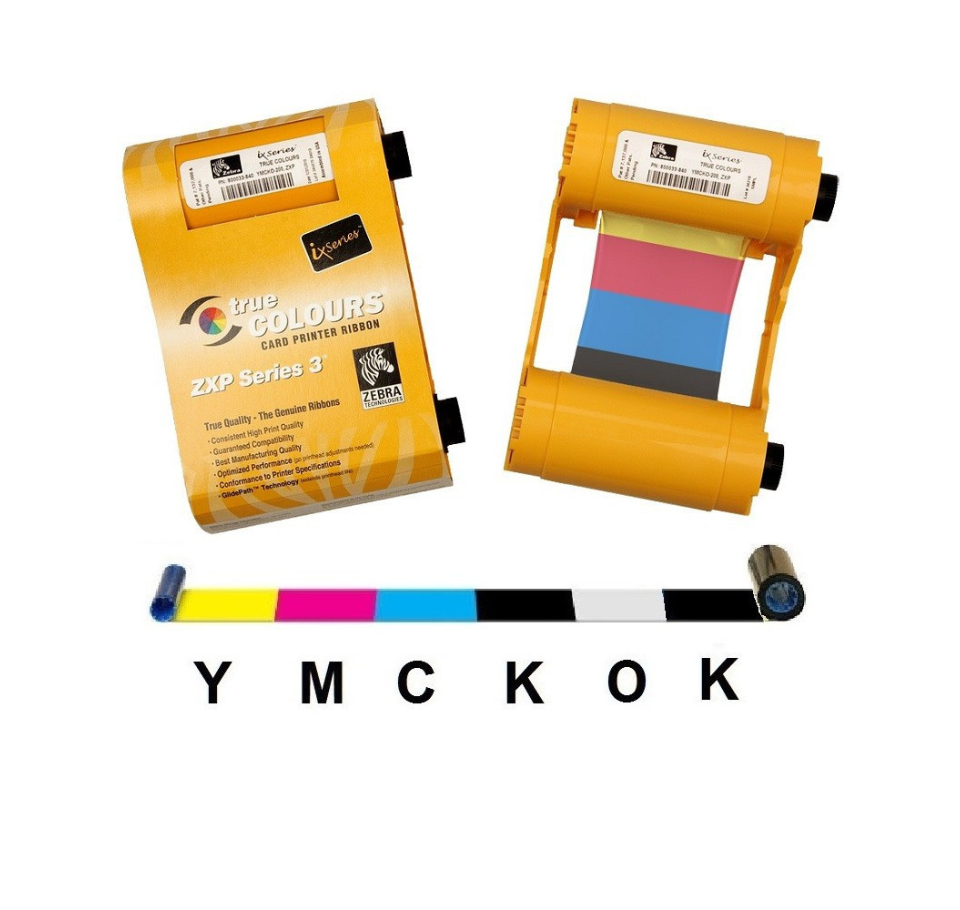 Yellow printer ribbon cartridge with color swatch and letter labels on a white background - Zebra ZXP Series 3 YMCKOK Color Ribbon 800033-848 | 165 Prints Card Printer Ribbon UAE