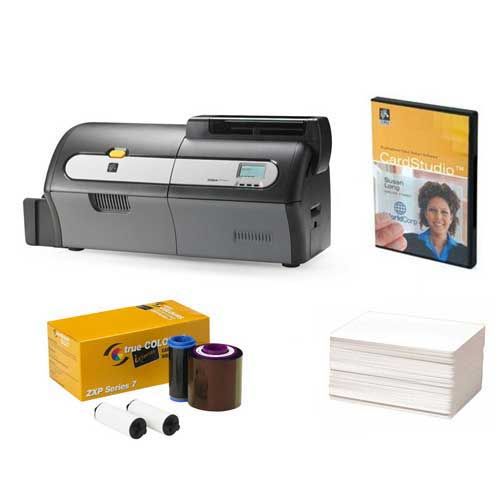 Card printing machine with ink cartridges, paper, and a DVD on a white background - Zebra ZXP Series 7 Dual-Side ID Card Printer Bundle – YMCKO Ribbon, Software & PVC Cards UAE | POSMEA