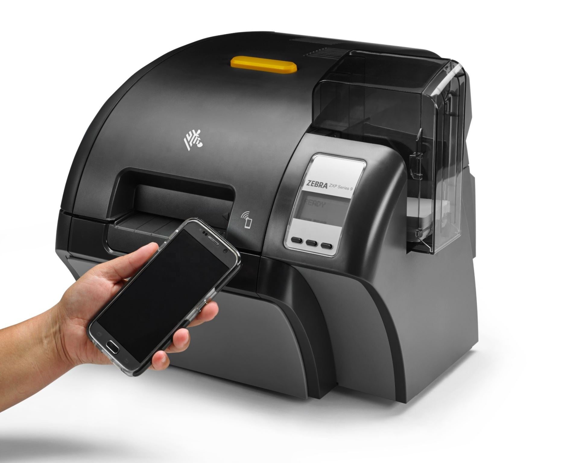 Zebra label printer with a hand holding a smartphone on a white - Zebra ZXP Series 9 Dual-Sided ID Card Printer background