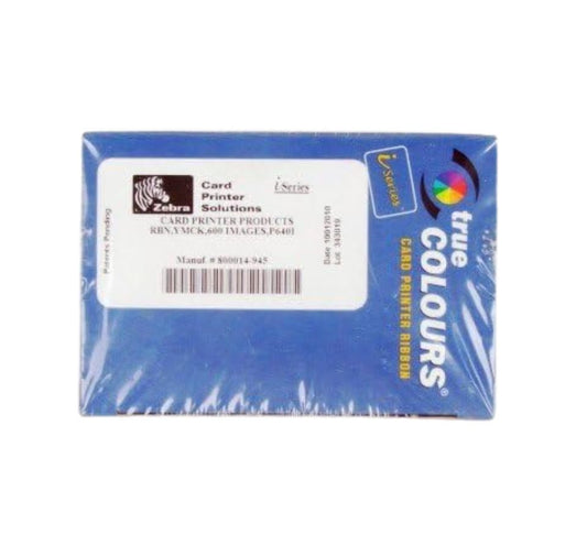 Packaged Zebra card printer ribbon with visible branding on a white background  - Zebra i Series 4-Panel YMCK Color Ribbon 800014-945 | 600 Prints for P630i & P640i Card Printers UAE