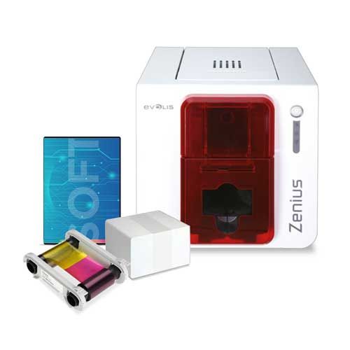 Evolis Zenius Fire Red Single-sided ID Card Printer with Zenius Color Ribbon, 100 PVC, Basic Software