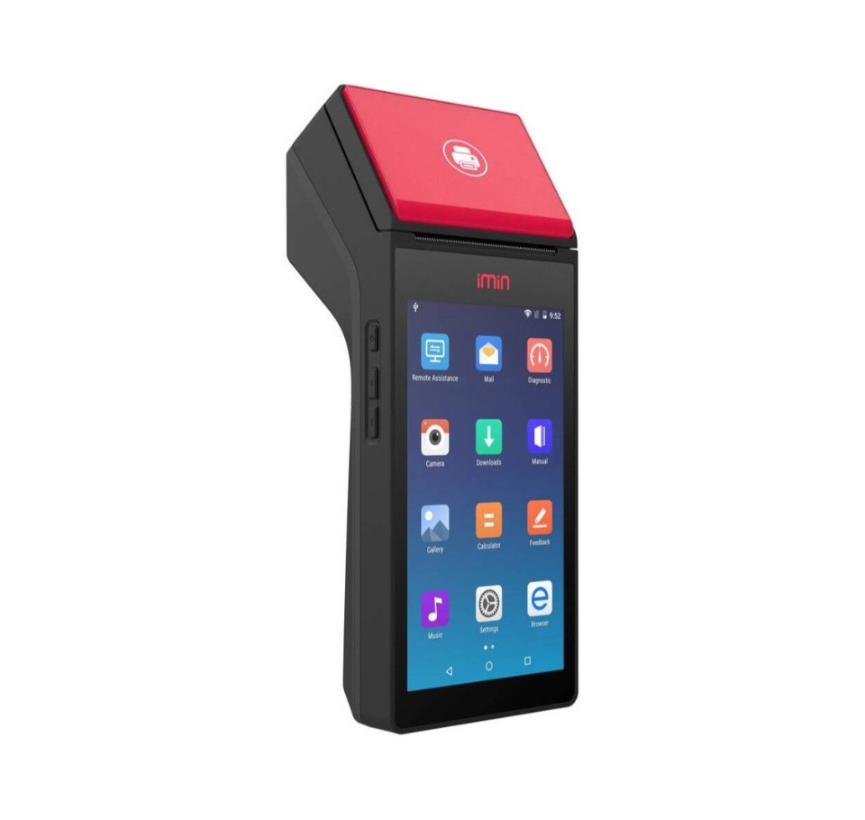 Portable device with a red top and black body displaying app icons on a white background Portable Retail POS System in UAE – POSMEA