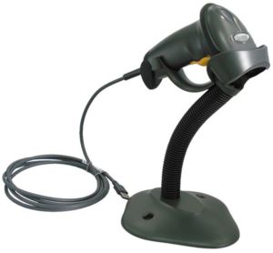 zebra barcode scanner in a stand