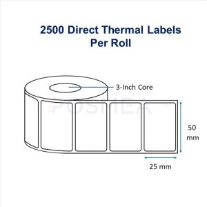 Barcode Label 50mm x 25mm Direct Thermal 2500 Stickers Roll, 3-Inch core