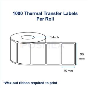 Barcode Label 90mm x 25mm Thermal Transfer 1000 Stickers, 1-inch Core