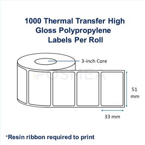 Barcode Label Polypropylene 51mm x 33mm High Gloss, 3-Inch Core