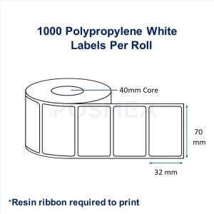 Barcode Label Polypropylene White 70mm x 32mm (1000 Labels, 40mm Core)