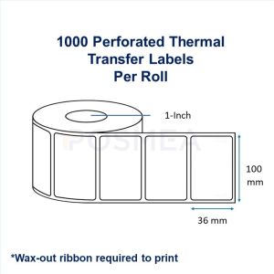 Barcode Label Thermal Transfer 100mm x 36mm, Perforated, 1-Inch Core, 1000 Labels