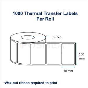 Barcode Label Thermal Transfer 100mm x 38mm 1000 Stickers per roll, 3-Inch Core