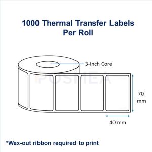 Barcode Label Thermal Transfer 70mm x 40mm 1000 Stickers, Core 3 inch