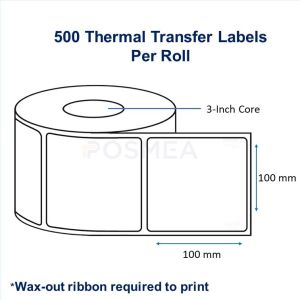 Barcode Labels 100mm x 100mm Thermal Transfer 500 Stickers, 3-Inch Core