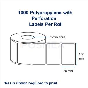 Barcode Labels 100mm x 50mm Polypropylene with Perforation (1000 Stickers, 25mm Core)