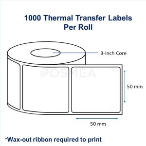 Barcode Labels 50mm x 50mm Thermal Transfer 1000 Stickers, 3 inch Core