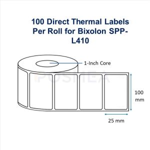 Barcode Labels for Bixolon SPP-L410 100mm x 25mm 100 Stickers, 1-Core Direct Thermal