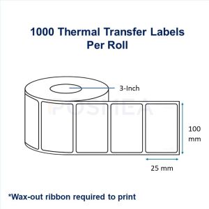 Barcode Labels Thermal Transfer 100mm x 25mm (1000 Stickers Roll, 3- Inch Core)