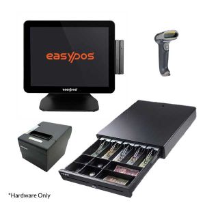 easypos pos machine with a barcode scanner, cash drawer and receipt printer